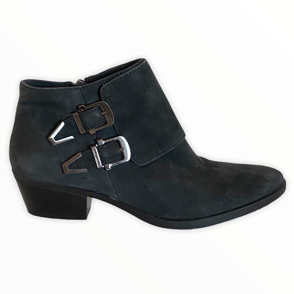 Vince Camuto Trapeez Leather Ankle Boots Womens size 6 Gray Buckle Detail